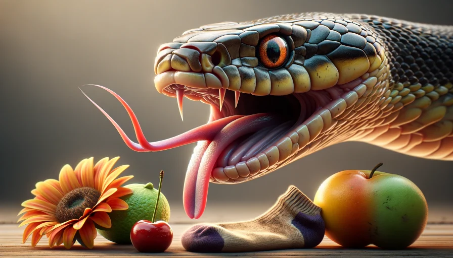 A close-up view of a snake's tongue flicking out towards different objects, such as a flower, piece of fruit, and dirty sock.